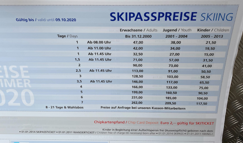 Skipas prijs voor zomer skien op de Hintertuxer Gletsjer 