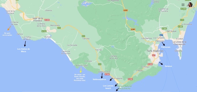 kitesurf spots in Tarifa - map  - kaart Tarifa 